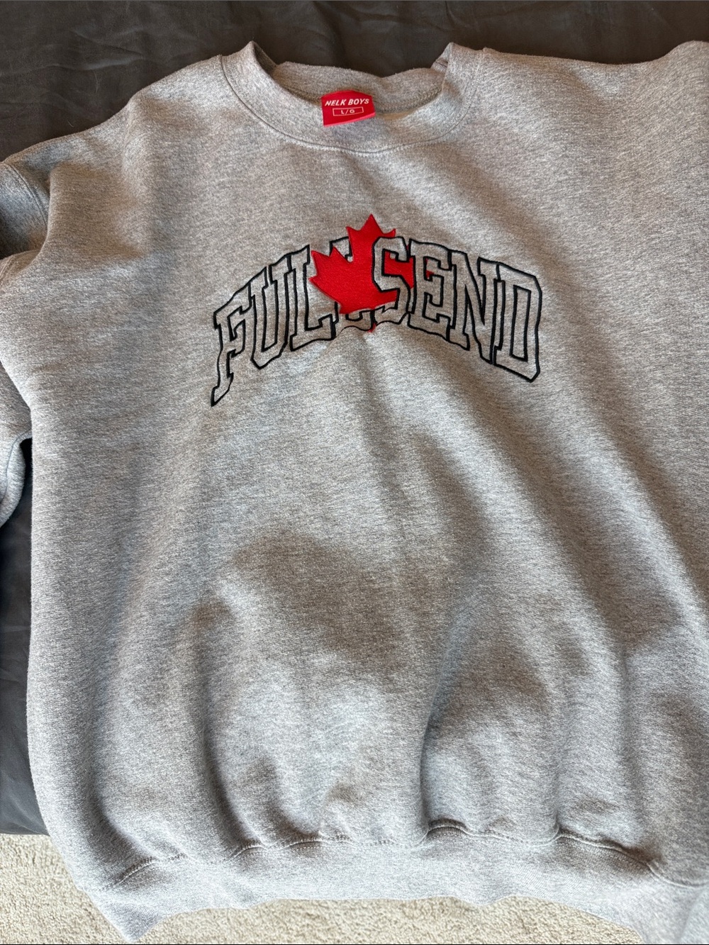 Gray Crewneck Sweatshirt with Red Maple Logo by Milk Boys